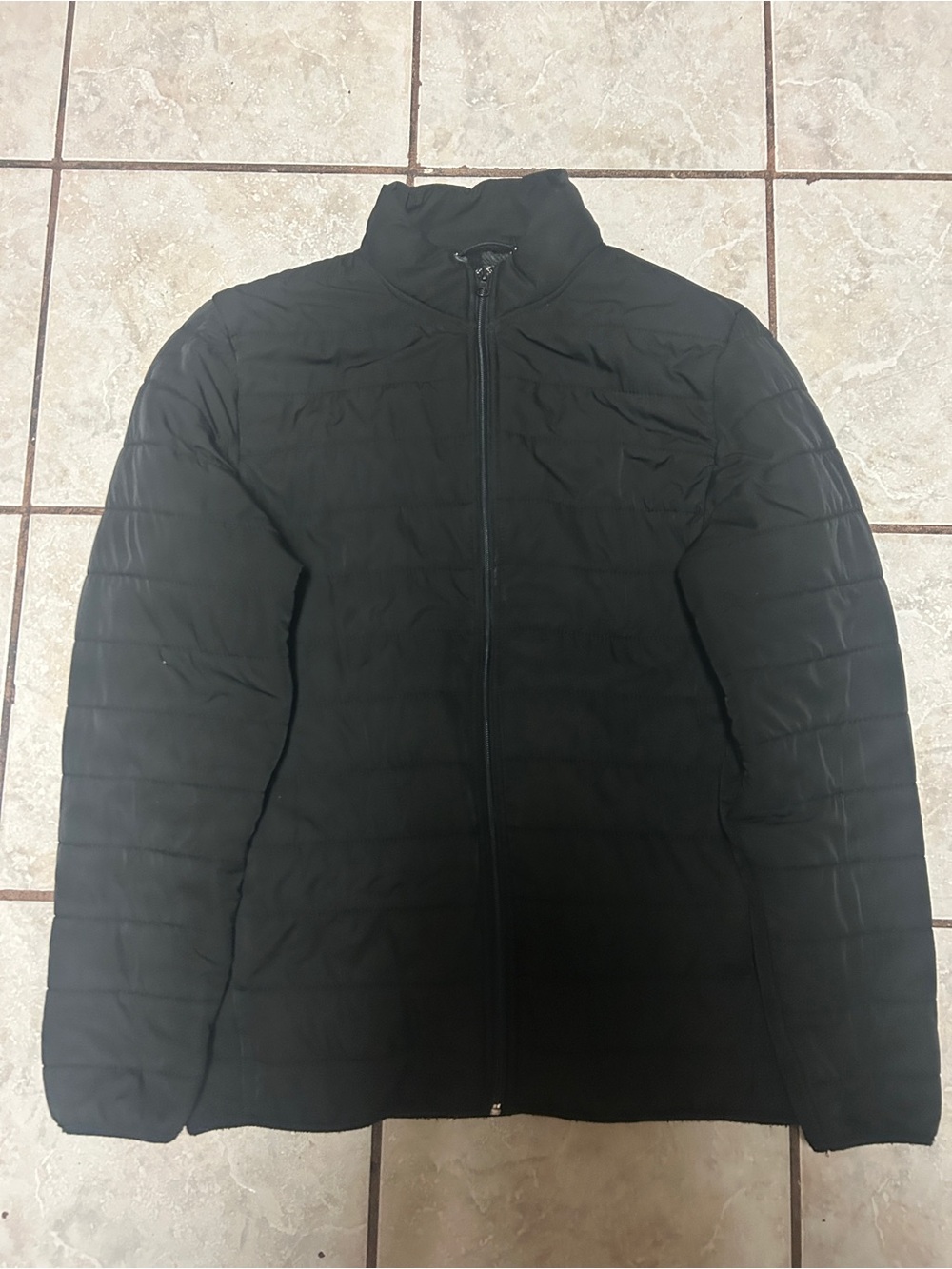 Men's Black Quilted Puffer Jacket with Stand Collar